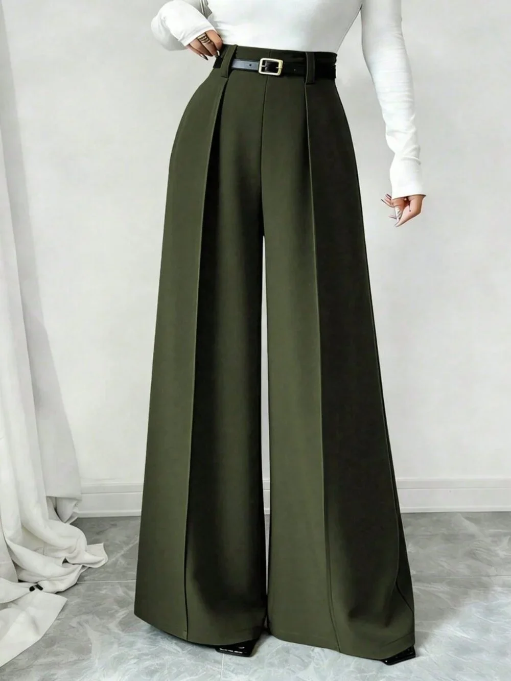 Army Green Elegant Women's Straight Loose Mid Waist Pants